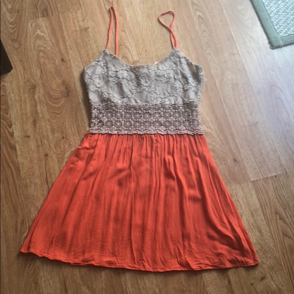 Coral and beige lace dress spaghetti strap zip